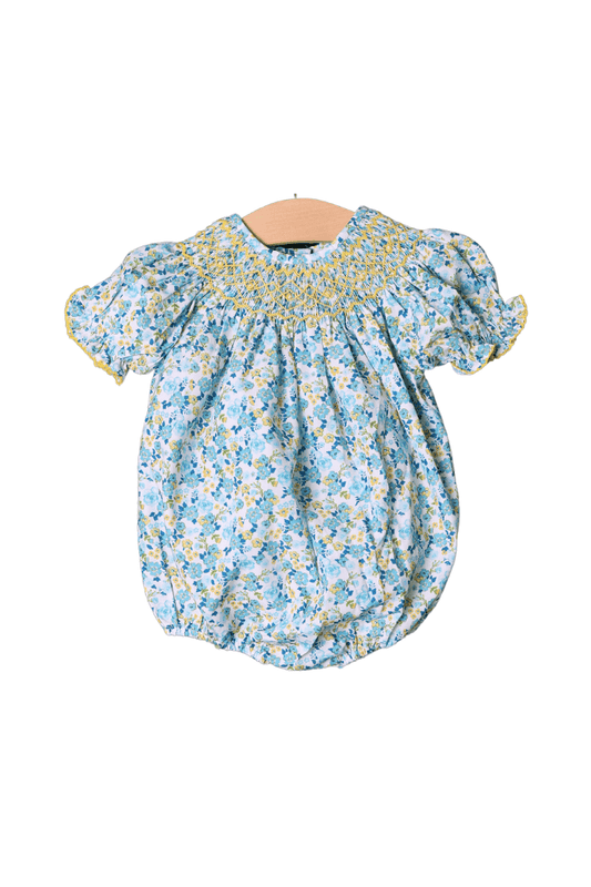 The Smocked Flamingo Apparel & Accessories Smocked Heirloom Blue and Yellow Floral Bubble-Short Sleeve