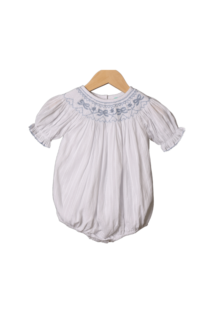 The Smocked Flamingo Apparel & Accessories Smocked Heirloom Blue Bow White Linen Bubble