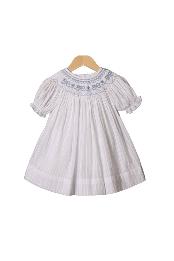 The Smocked Flamingo Apparel & Accessories Smocked Heirloom Blue Bow White Linen Dress