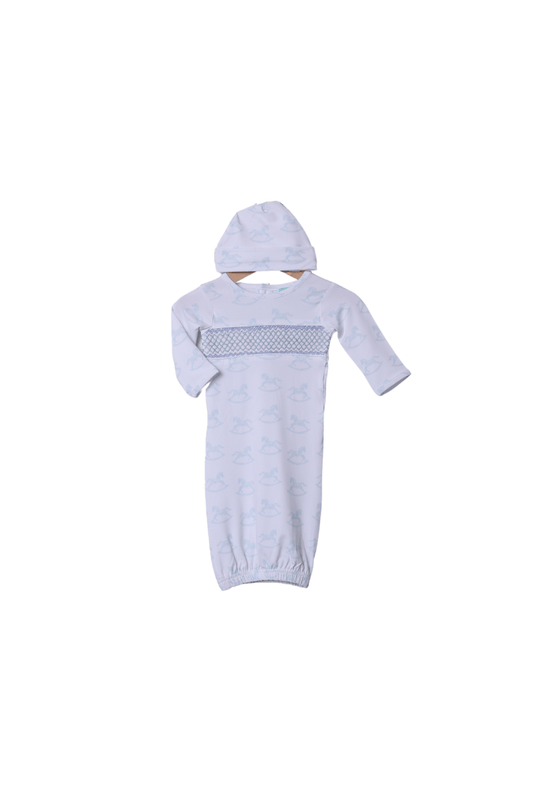 The Smocked Flamingo Apparel & Accessories Smocked Heirloom Blue Rocking Horse Layette Gown and Hat Set
