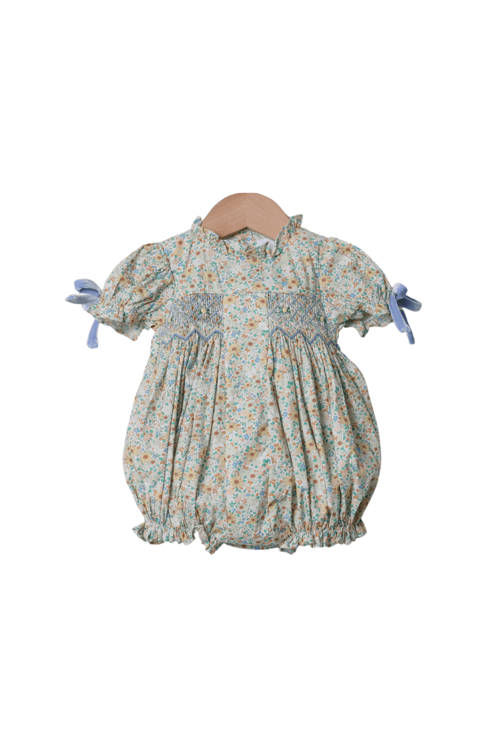 The Smocked Flamingo Apparel & Accessories Smocked Heirloom Blue Velvet Floral Bubble