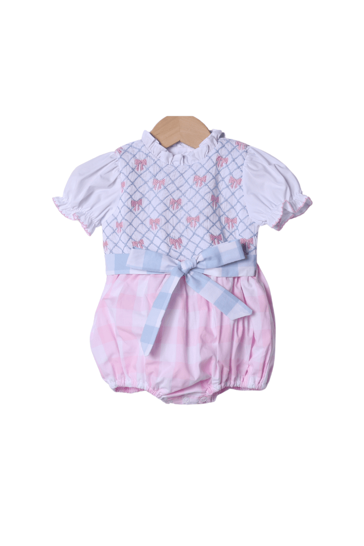 The Smocked Flamingo Apparel & Accessories Smocked Heirloom Bow Pink and Blue Buffalo Check Bubble