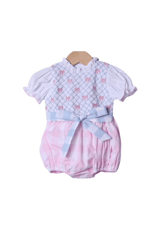 The Smocked Flamingo Apparel & Accessories Smocked Heirloom Bow Pink and Blue Buffalo Check Bubble