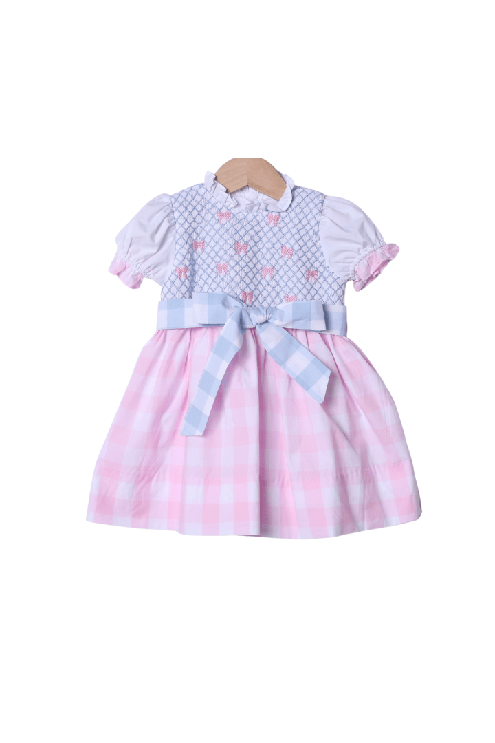 The Smocked Flamingo Apparel & Accessories Smocked Heirloom Bow Pink and Blue Buffalo Check Dress
