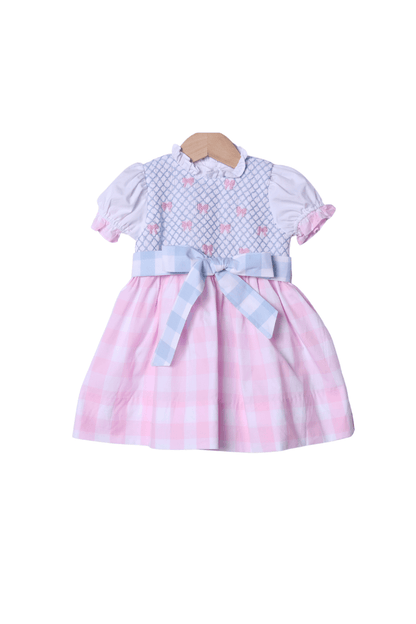 The Smocked Flamingo Apparel & Accessories Smocked Heirloom Bow Pink and Blue Buffalo Check Dress