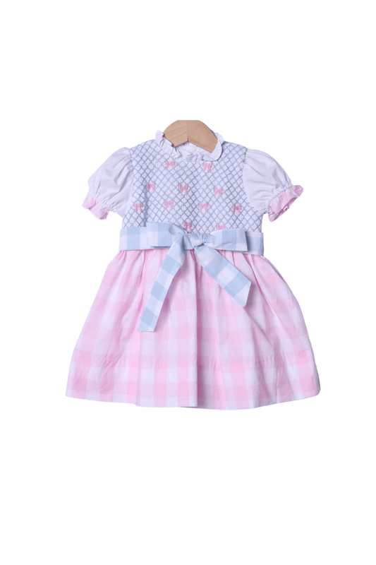 The Smocked Flamingo Apparel & Accessories Smocked Heirloom Bow Pink and Blue Buffalo Check Dress