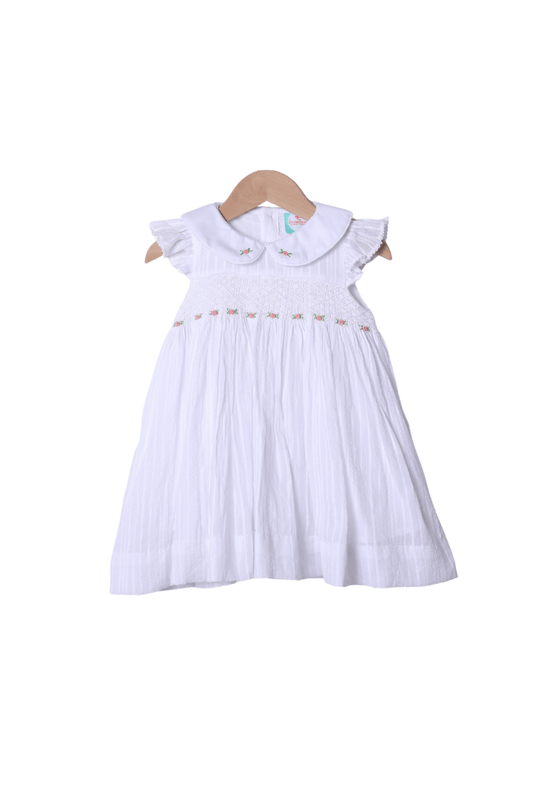 The Smocked Flamingo Apparel & Accessories Smocked Heirloom Floret White Linen Dress