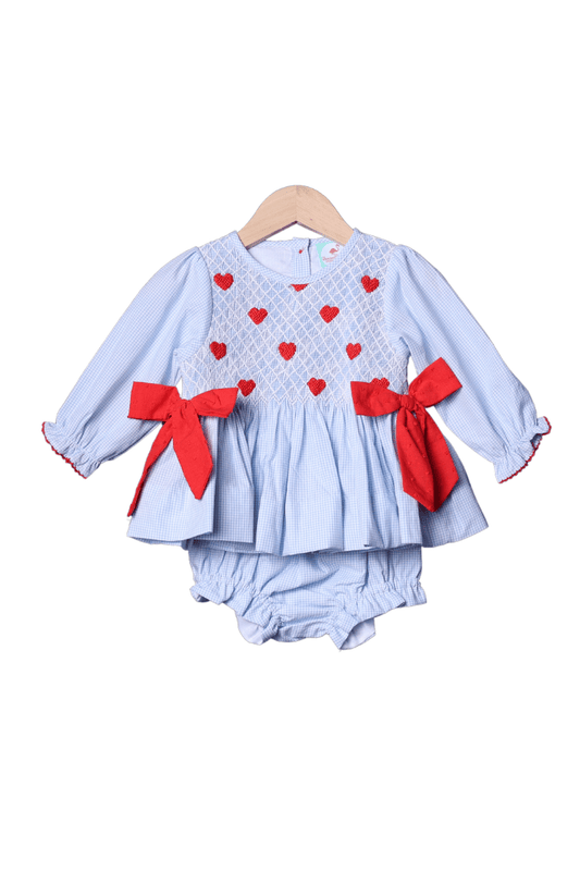 The Smocked Flamingo Apparel & Accessories Smocked Heirloom Heart Blue Gingham Bloomer Set