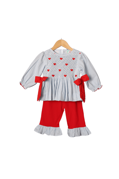 The Smocked Flamingo Apparel & Accessories Smocked Heirloom Heart Blue Gingham Pant Set