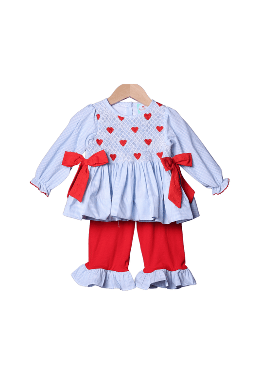 The Smocked Flamingo Apparel & Accessories Smocked Heirloom Heart Blue Gingham Pant Set