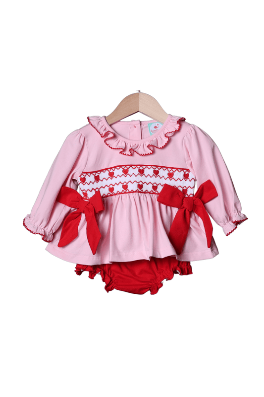 The Smocked Flamingo Apparel & Accessories Smocked Heirloom Heart Pink Knit Bloomer Set