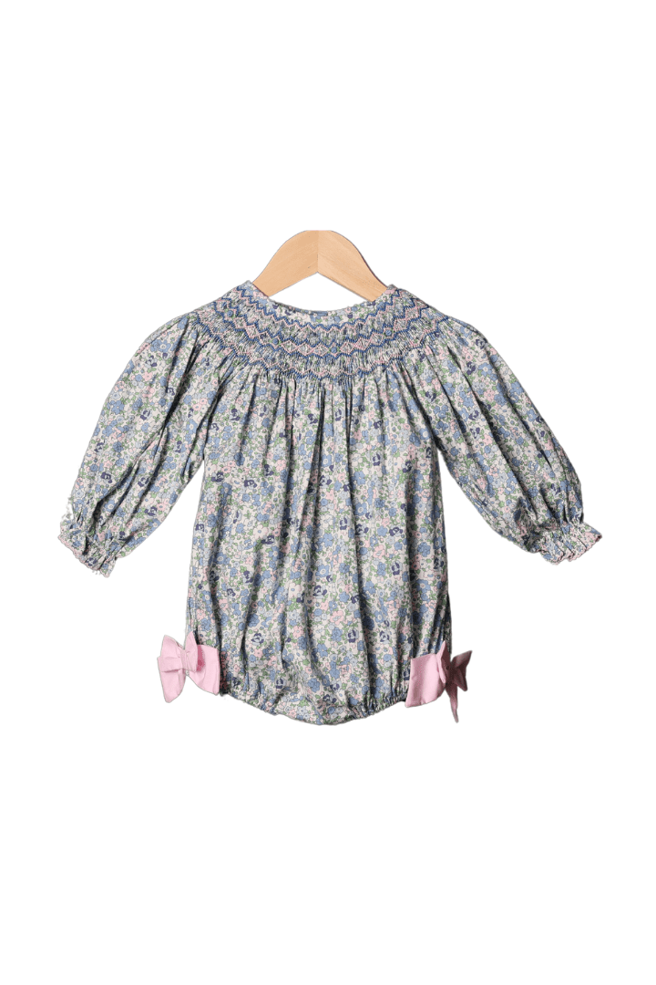 The Smocked Flamingo Apparel & Accessories Smocked Heirloom Long Sleeve Blue and Pink Floral Bubble