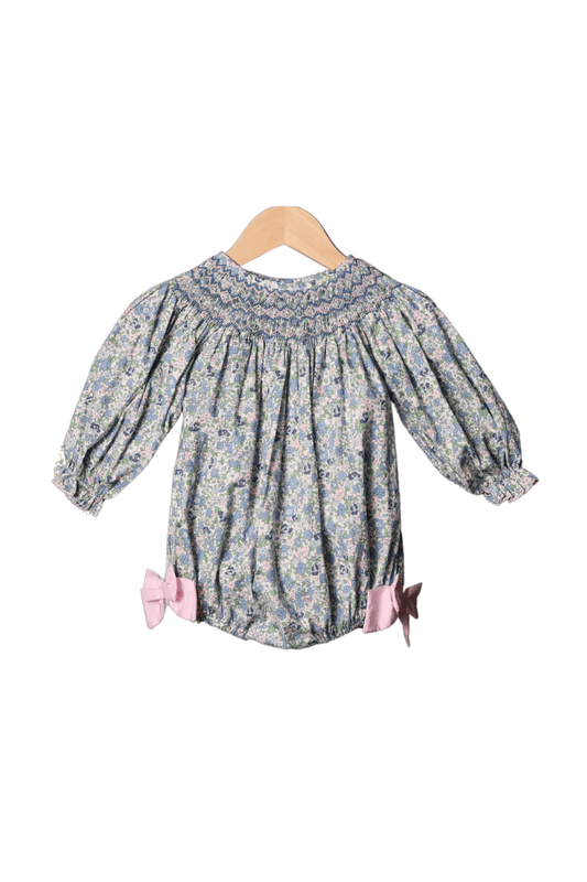 The Smocked Flamingo Apparel & Accessories Smocked Heirloom Long Sleeve Blue and Pink Floral Bubble