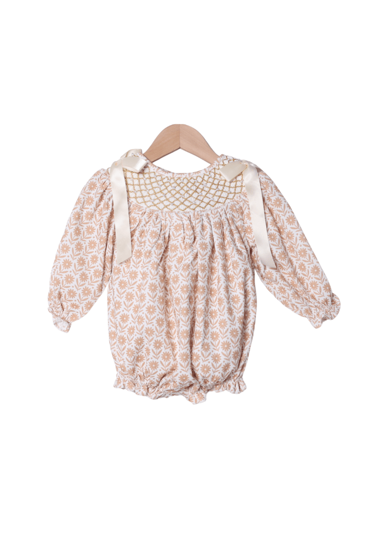 The Smocked Flamingo Apparel & Accessories Smocked Heirloom Pearl Cream Floral Corduroy Bubble