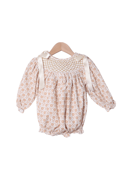 The Smocked Flamingo Apparel & Accessories Smocked Heirloom Pearl Cream Floral Corduroy Bubble