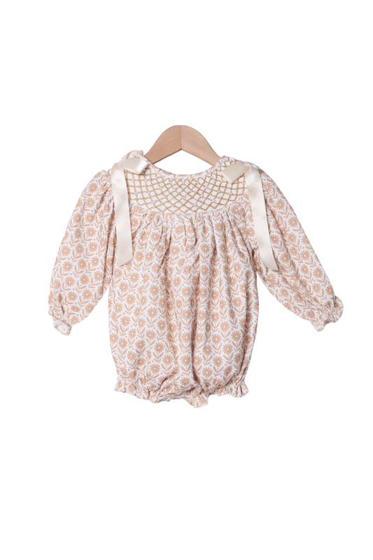 The Smocked Flamingo Apparel & Accessories Smocked Heirloom Pearl Cream Floral Corduroy Bubble