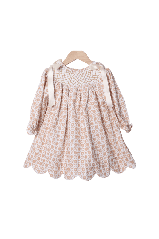 The Smocked Flamingo Apparel & Accessories Smocked Heirloom Pearl Cream Floral Corduroy Dress
