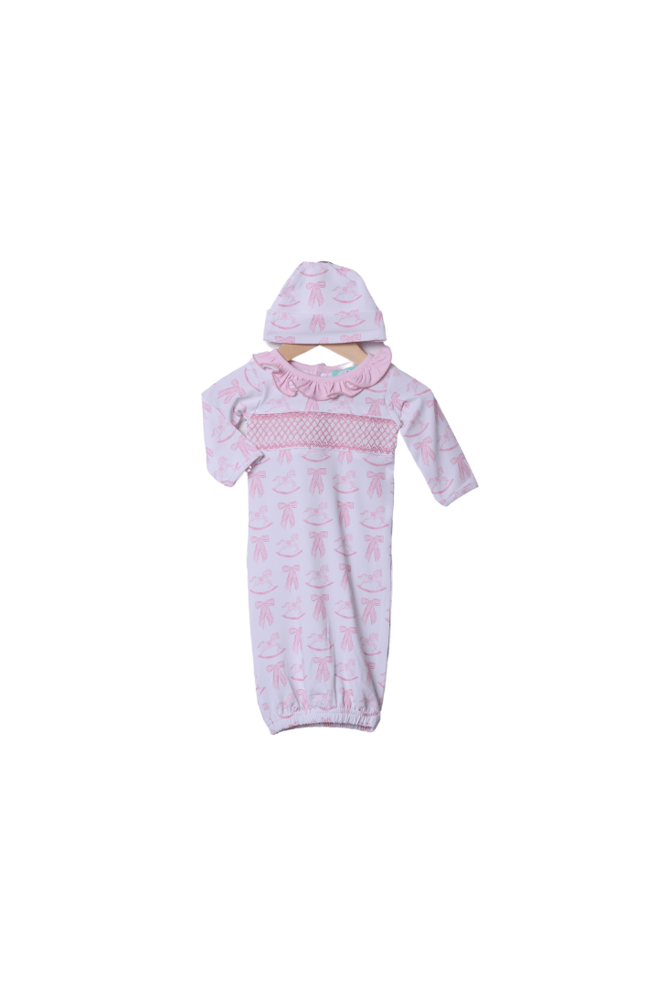 The Smocked Flamingo Apparel & Accessories Smocked Heirloom Pink Rocking Horse Layette Gown and Hat Set