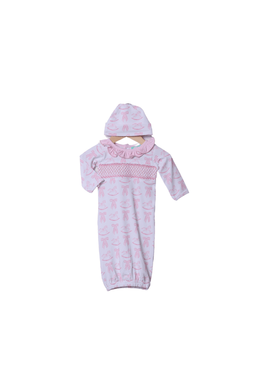 The Smocked Flamingo Apparel & Accessories Smocked Heirloom Pink Rocking Horse Layette Gown and Hat Set
