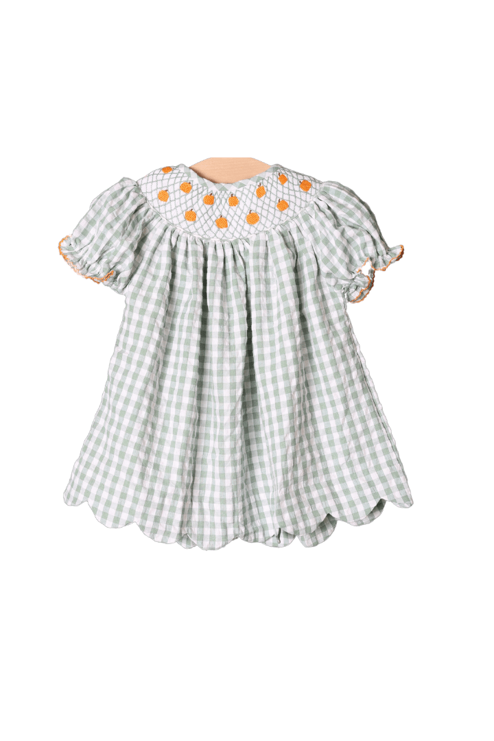 The Smocked Flamingo Apparel & Accessories Smocked Heirloom Pumpkin Seersucker Bishop Dress