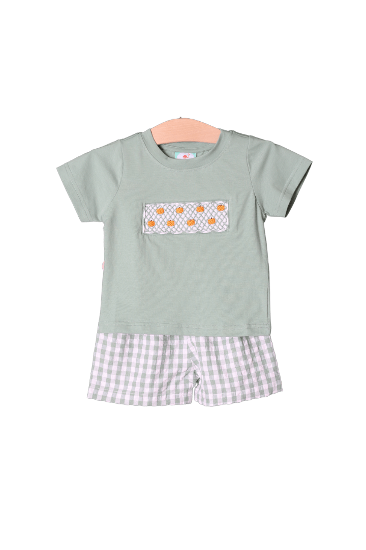 The Smocked Flamingo Apparel & Accessories Smocked Heirloom Pumpkin Seersucker Short Set