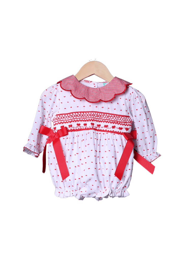 The Smocked Flamingo Apparel & Accessories Smocked Heirloom Red and White Swiss Dot Bow Bubble