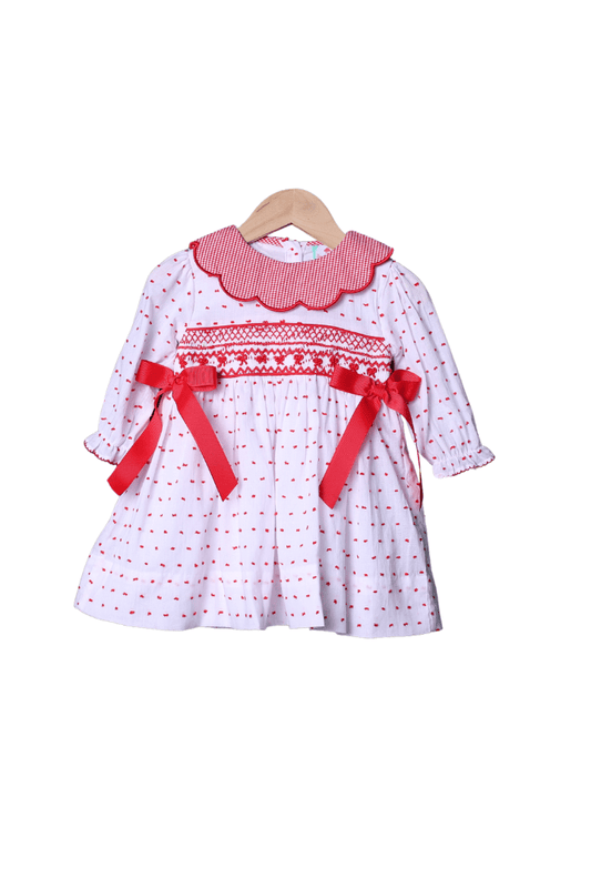 The Smocked Flamingo Apparel & Accessories Smocked Heirloom Red and White Swiss Dot Bow Dress