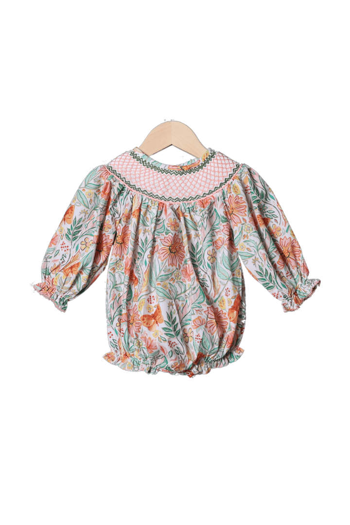 The Smocked Flamingo Apparel & Accessories Smocked Heirloom Sage and Coral Butterfly Long Sleeve Bubble