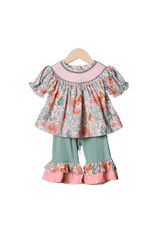 The Smocked Flamingo Apparel & Accessories Smocked Heirloom Sage and Coral Butterfly Pant Set