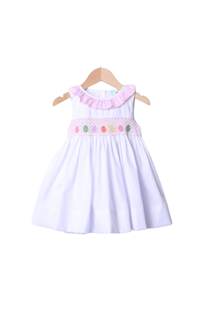 The Smocked Flamingo Apparel & Accessories Smocked Heirloom White and Pink Easter Egg Dress