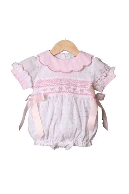 The Smocked Flamingo Apparel & Accessories Smocked Heirloom White and Pink Swiss Dot Bow Bubble