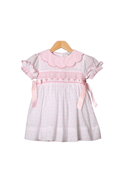 The Smocked Flamingo Apparel & Accessories Smocked Heirloom White and Pink Swiss Dot Bow Dress