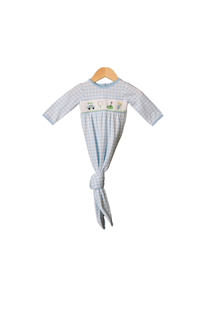 The Smocked Flamingo Apparel & Accessories Smocked Hole in One Blue Gingham Knit Gown