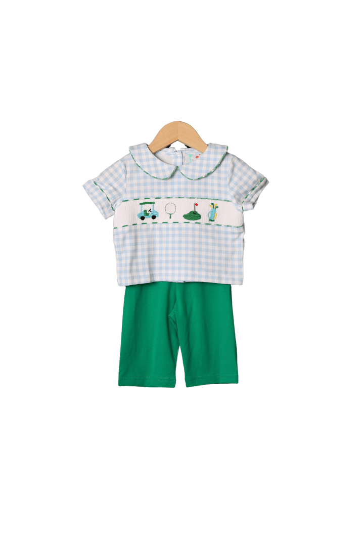 The Smocked Flamingo Apparel & Accessories Smocked Hole in One Blue Gingham Pant Set