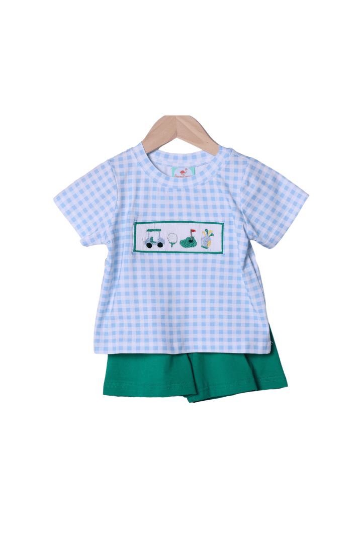 The Smocked Flamingo Apparel & Accessories Smocked Hole In One Blue Gingham Short Set