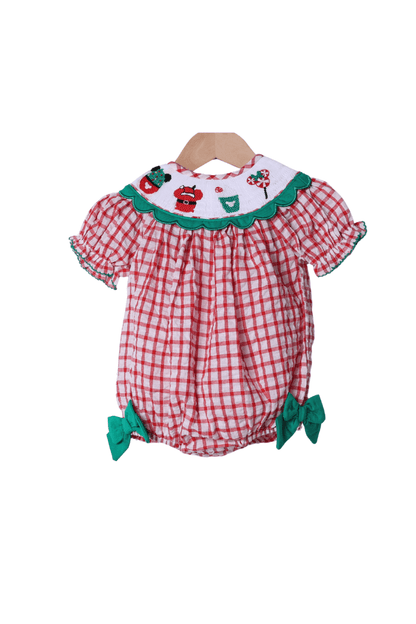 The Smocked Flamingo Apparel & Accessories Smocked Holiday Park Snacks Red Windowpane Scalloped Bubble