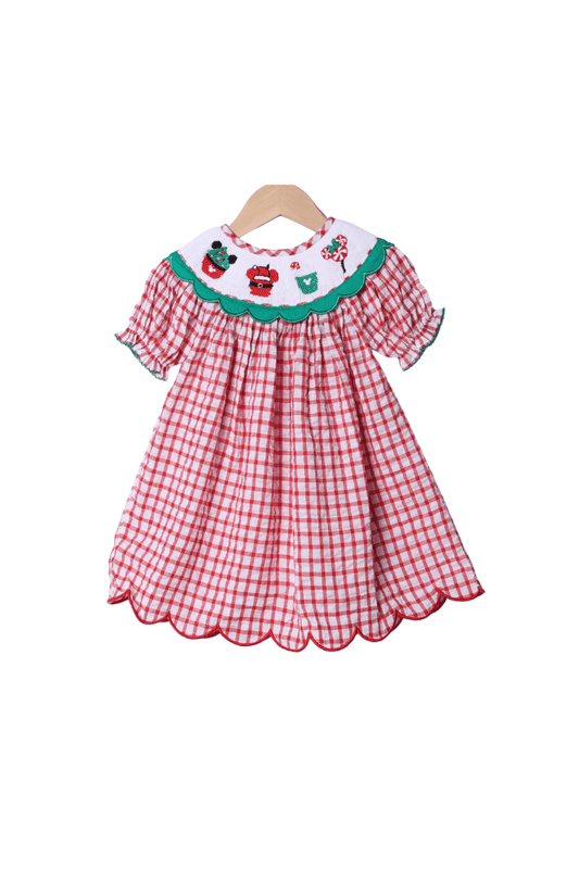 The Smocked Flamingo Apparel & Accessories Smocked Holiday Park Snacks Red Windowpane Scalloped Dress