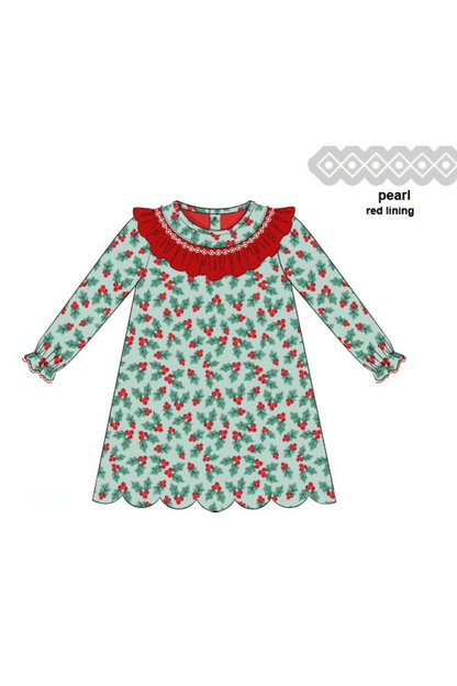 The Smocked Flamingo Apparel & Accessories Smocked Holiday Pearl Holly Honeycomb Scalloped Dress