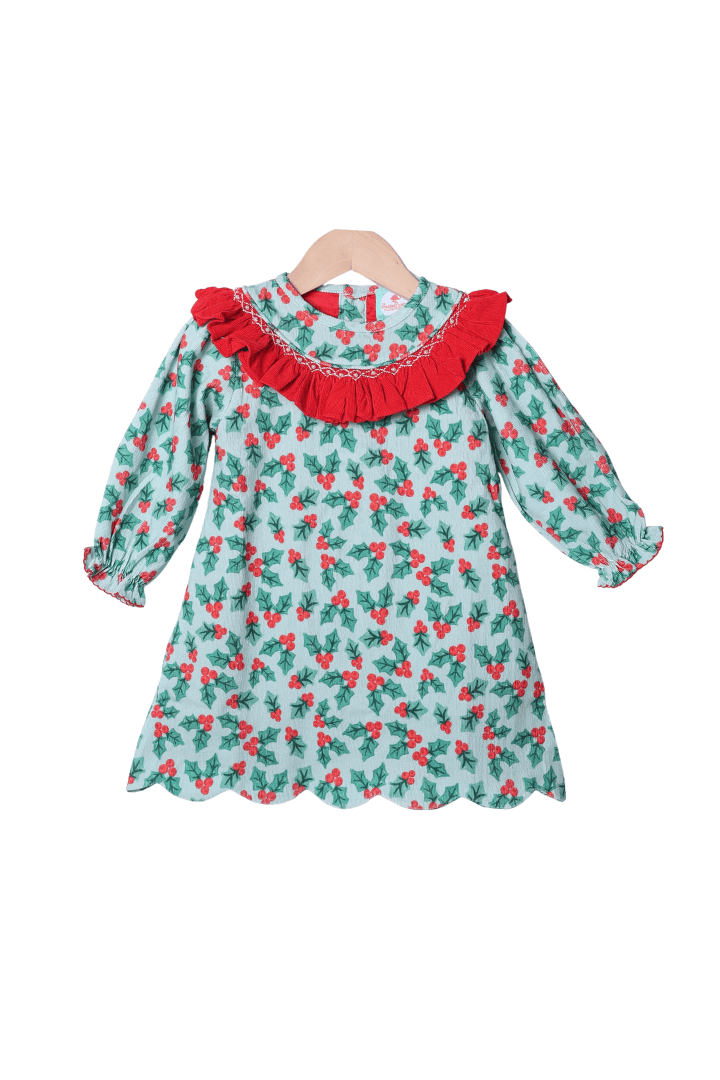 The Smocked Flamingo Apparel & Accessories Smocked Holiday Pearl Holly Honeycomb Scalloped Dress