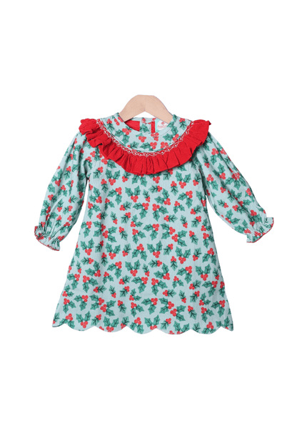 The Smocked Flamingo Apparel & Accessories Smocked Holiday Pearl Holly Honeycomb Scalloped Dress