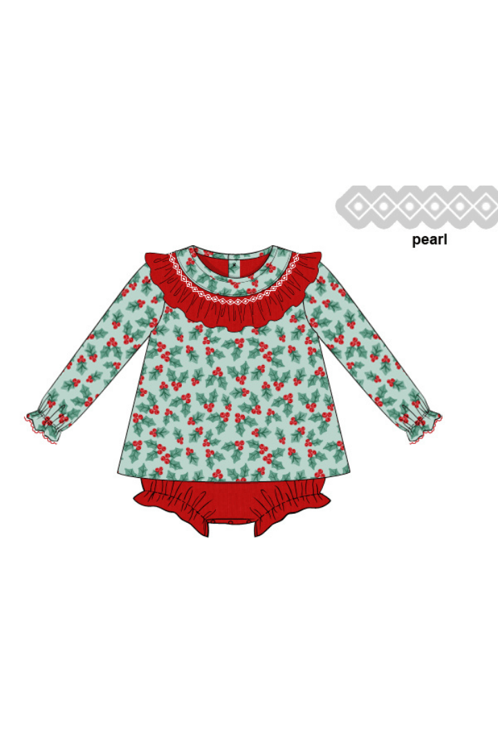 The Smocked Flamingo Apparel & Accessories Smocked Holiday Pearl Holly Honeycomb Scalloped Skirted Bubble