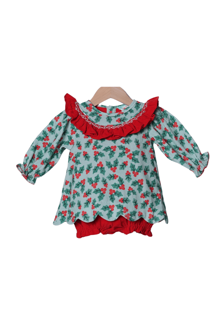 The Smocked Flamingo Apparel & Accessories Smocked Holiday Pearl Holly Honeycomb Scalloped Skirted Bubble