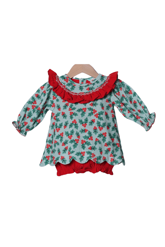 The Smocked Flamingo Apparel & Accessories Smocked Holiday Pearl Holly Honeycomb Scalloped Skirted Bubble
