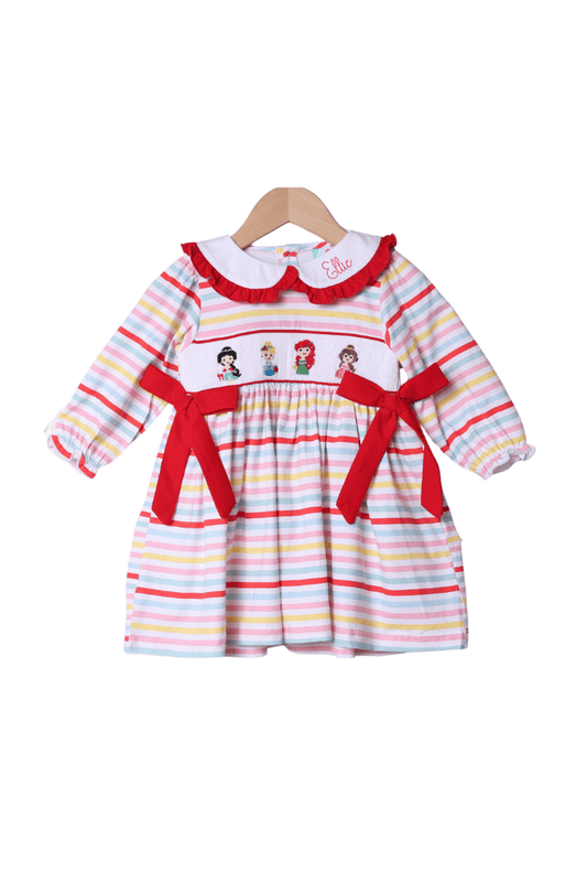 The Smocked Flamingo Apparel & Accessories Smocked Holiday Princess Multi Stripe Bow Dress