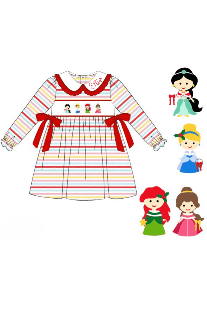 The Smocked Flamingo Apparel & Accessories Smocked Holiday Princess Multi Stripe Bow Dress