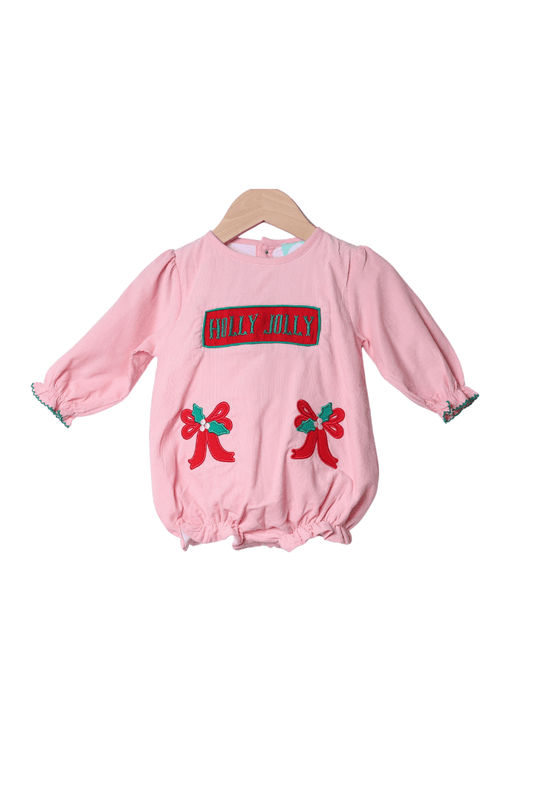 The Smocked Flamingo Apparel & Accessories Smocked Holly Jolly Pink Bow Bubble