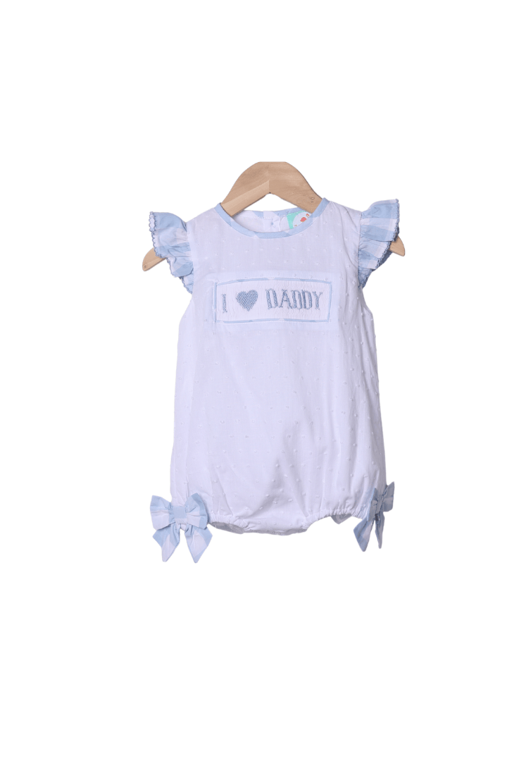 The Smocked Flamingo Apparel & Accessories Smocked I Love Daddy Blue Buffalo Check White Swiss Dot Bubble