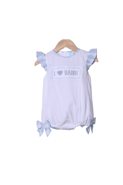 The Smocked Flamingo Apparel & Accessories Smocked I Love Daddy Blue Buffalo Check White Swiss Dot Bubble