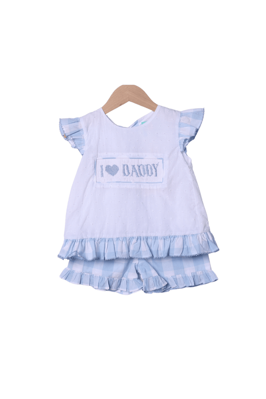 The Smocked Flamingo Apparel & Accessories Smocked I Love Daddy Blue Gingham White Swiss Dot Short Set