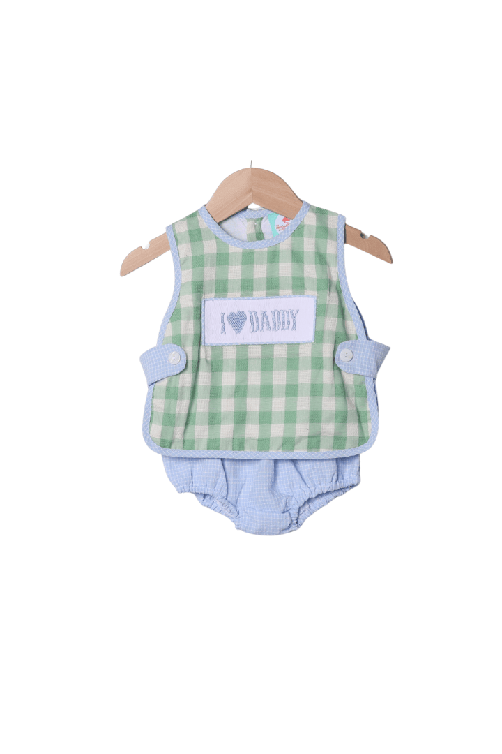 The Smocked Flamingo Apparel & Accessories Smocked I Love Daddy Blue/Mint Linen Apron Set